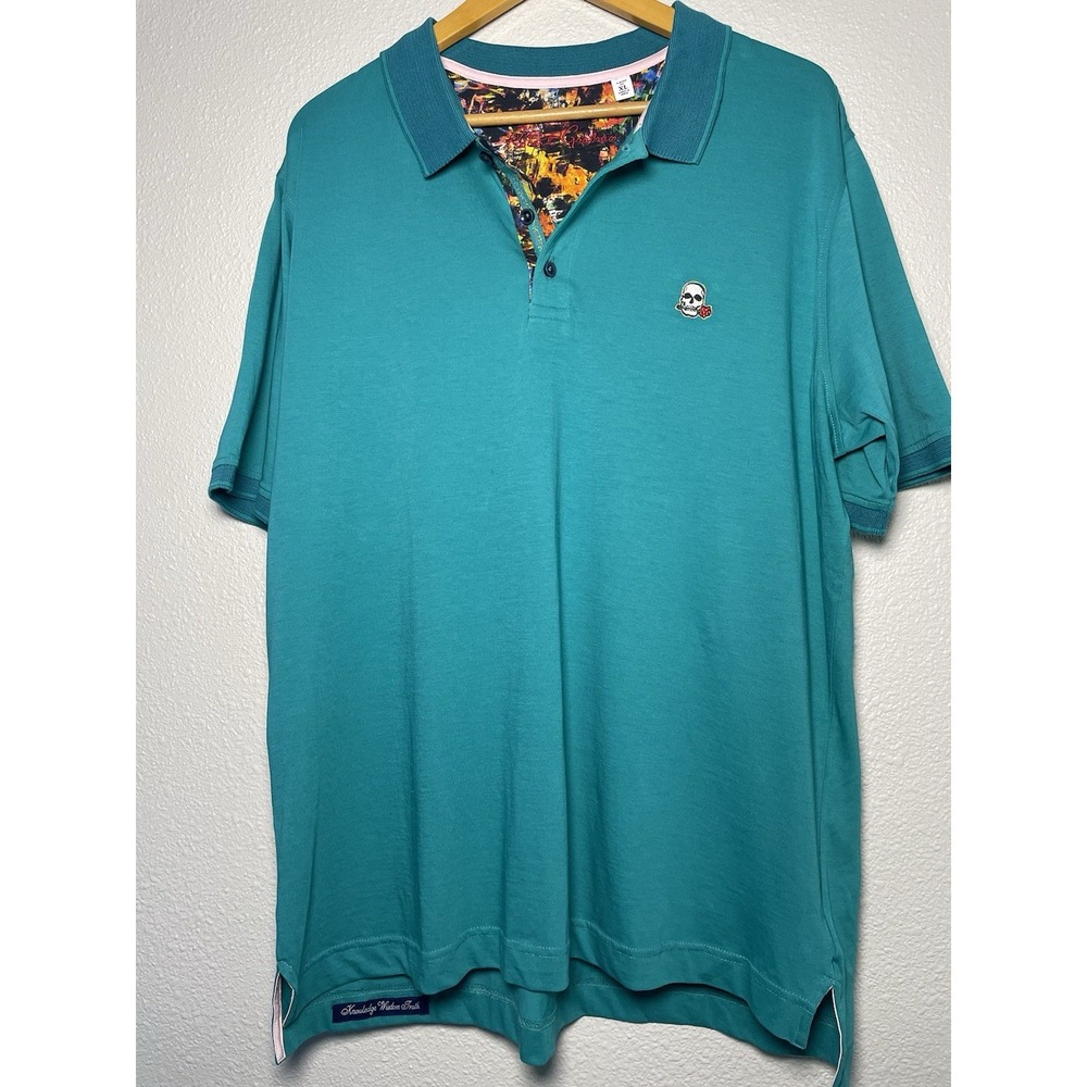 Robert Graham Polo Shirt Men's XL Teal Short Sleeve Skull Logo Golf Solid‎ Logo